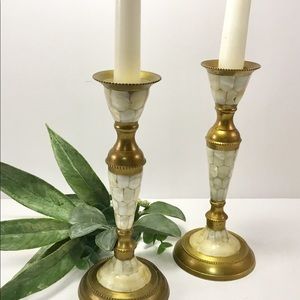 Pair of Brass and Mother Of Pearl Candlesticks
